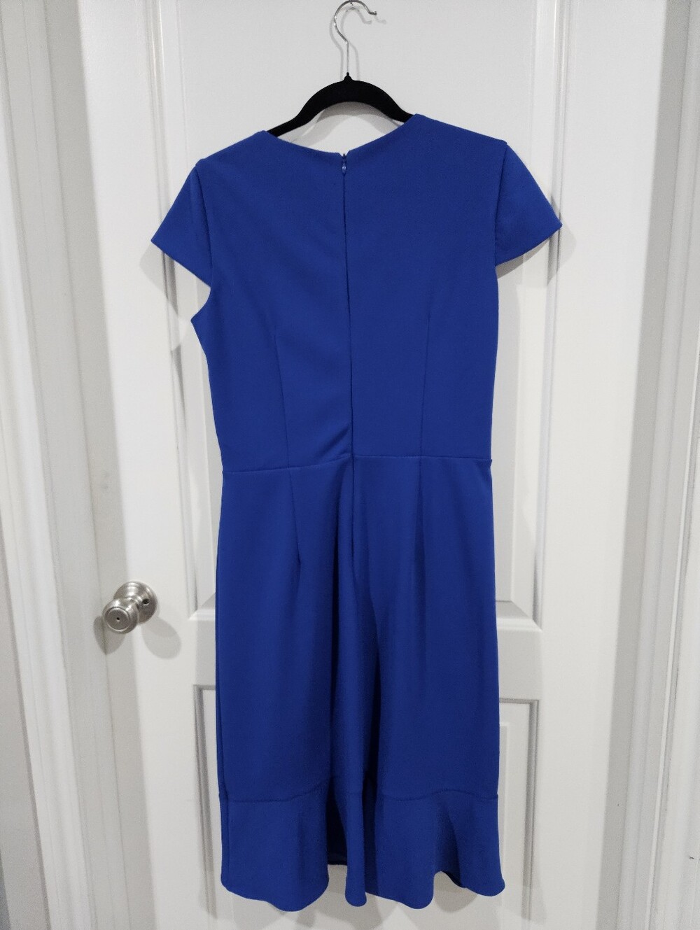 London Times Cobalt Blue Midi Dress with Ruffle Flower Accent - Picture 3 of 8